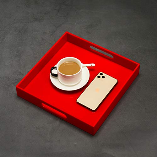 Sturdy Red Acrylic Serving Tray with Handles - 12x12 Inch - Coffee & Appetizer Platter - Kitchen Counter & Vanity Organizer - color: Glossy Red, size: 12" x 12" x 2"