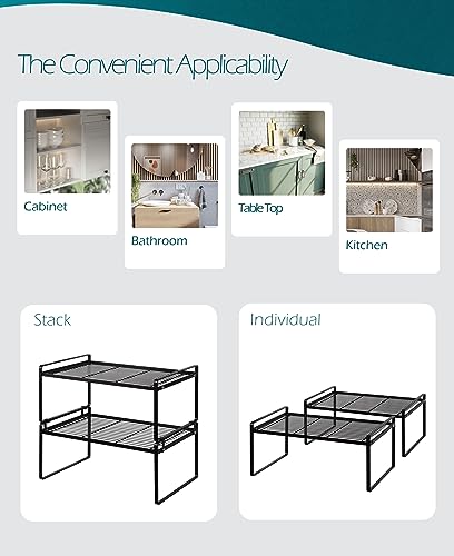 Shantton 2Pack Kitchen Cabinet Shelf Counter Organizer Rack Pantry Storage Bathroom Bedroom Office Table Desk Space Saving Stackable Rust Resistant Non Slip Black Wide L16.1in W10.6in H7.3in - color: Black, size: L16.1'' W10.6'' H7.3''