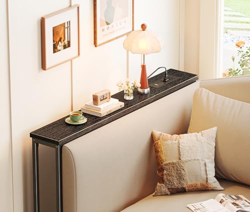 SUPERJARE 5.7 Inch Console Table with Outlet, Sofa Table, Behind Couch Table, 5.7 x 39.4 x 29.7 Inches, Metal Frame, Charging Station, for Living Room, Black - color: Black, size: 5.7''D x 39.4''W x 29.7''H