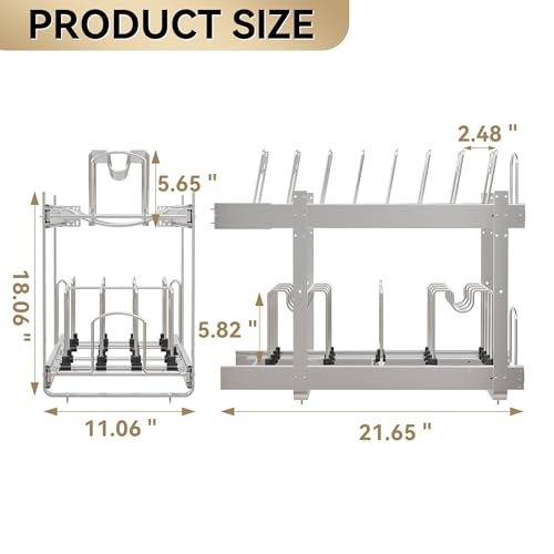 2-Tier Kitchen Pull out Cabinet Organizer for Pots, Pans, and Lid Cookware, Adjustable Heavy Duty Wire Pan and Pot Rack, Full-Extension Rail 12" W *22" D - size: 12W*22D