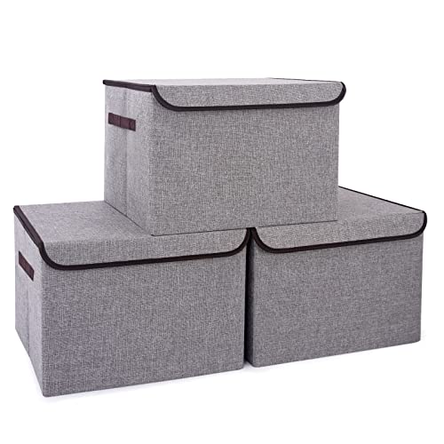 Bagnizer Large 17" 42 Quarts Collapsible Stackable Storage Bins with Lids [3-Pack] Foldable Fabric Linen Storage Boxes Cube, Closet Organizer Baskets with Label for Home (16.7 x 12 x 12, Gray) - color: Gray, size: Large - 3 Pack