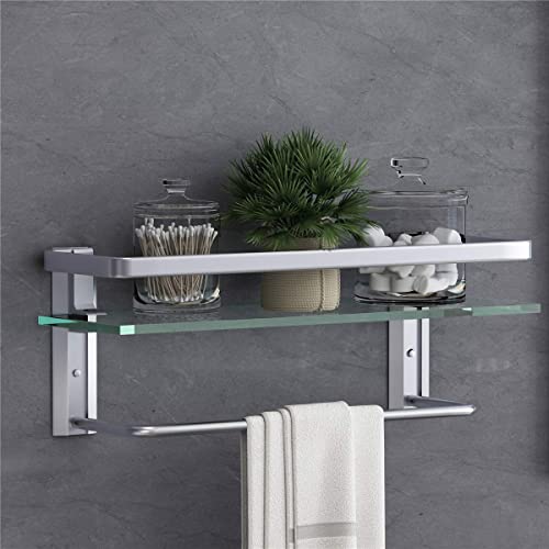 VOLPONE Glass Shelf with Towel Bar 15.7in Silver Bathroom Shelf Wall Mount Rustproof Bathroom Wall Organizer 1 Tier (Silver) - style: 1 tier with towel bar silver
