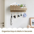 AELS Scalloped Woven Wall Mount Key Holder with 5 Hooks, Decorative Paperstraw Mail Organizer for Entryway, Wave Design Ratten Key Rack, Entryway Organizer, Living Room & Hallway Decor, Natural