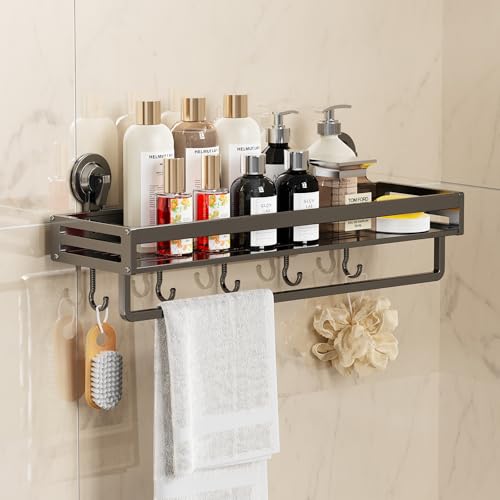 Shower Caddy Suction Cup, 11.8 inch Suction Shower Shelf with Hooks NO-Drilling Bathroom Holder, Rustproof Bathroom Organizer, Dark Grey - size: 11.8 inches