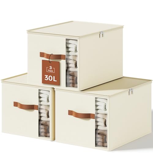 Clothes Storage Bins with Sturdy Frames, Foldable Fabric Clothing Organizer Box for Moving, Sweater Storage Cube with Lids and Zipper, Linen Closet Storage Bags for Blankets, Clothes, Sheet - color: White, size: Medium x 3 Packs