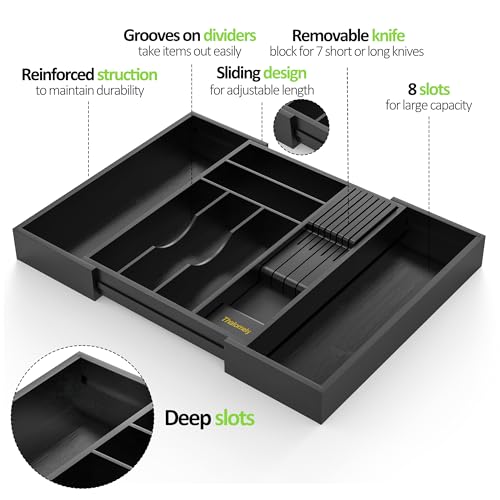 Bamboo Kitchen Drawer Organizer, Expandable Silverware Organizer with Removable Knife Block, 6-8 Slots- Utensil Holder & Cutlery Tray Drawer Dividers, 2.36" Deep for Extra Capacity, Black - color: Black