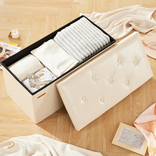 HAUSFRAU - Storage Ottoman Bench, 30 Inches Button Tufted Upholstered Ottoman Footstool with Storage for Living Room Bedroom Entryway, Load 660 lb, Synthetic Leather, Ivory - color: Ivory, size: 15"D x 30"W x 15"H