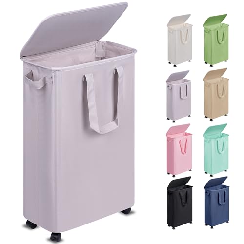Vincona Slim Laundry Hamper with Lid and Wheels, Small Rolling Laundry Basket with Handle for Small Spaces, Tall Dirty Clothes Hampers for Dorm, Bathroom and Bedroom, 55L, Grey - color: Grey, size: 55L