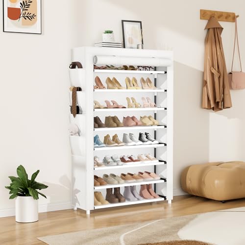 VILICK Shoe Rack with Cover, 8 Tier Tall Shoe Organizer Storage for 36-45 Pair Shoes and Boots Large Shoe Storage Shelf Free Standing Shoe Rack for Closet, Front Door Entrance, Dorm, Garage, White - color: White, size: 33.8"W-8 Tier