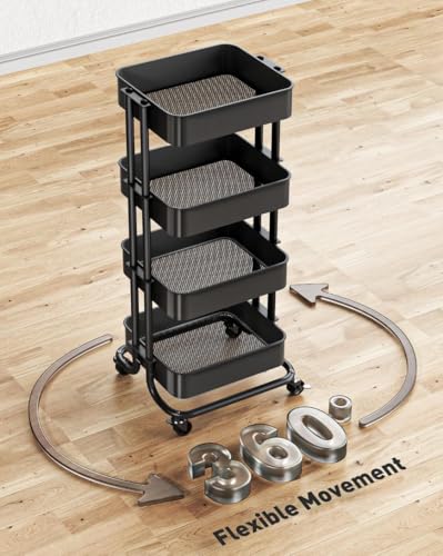 Pipishell 4 Tier Metal Rolling Utility Cart, Heavy-Duty Storage Rolling Cart with 2 Lockable Wheels, Multifunctional Mesh Organization Utility Cart for Kitchen Dining Room Living Room, PIUC13B - color: Black, size: 4 Tier