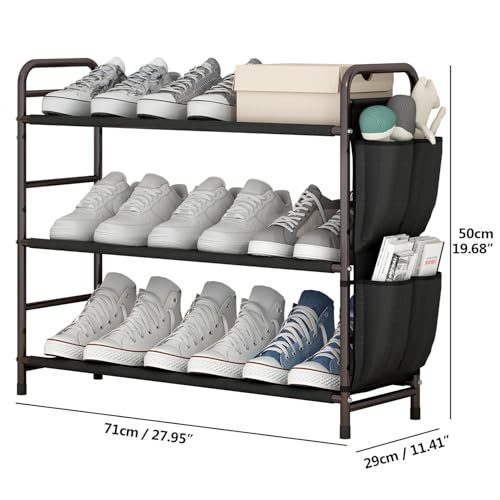 3 Tier Shoe Rack with Side Pockets, Shoe Organizer Space Saver Storage for 7-9 Pairs Shoes Storage Shelf Sturdy Free Standing Metal Long Shoe Holder Organizer for Closet, Entryway Bronze - color: Bronze, size: 3 Tier