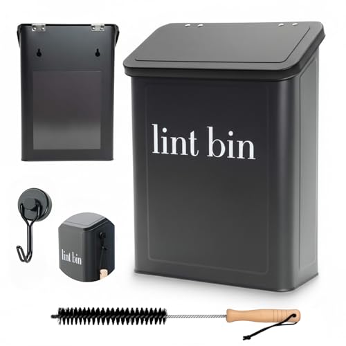 Magnetic Laundry Lint Bin for Dryer | Wall-Mounted Small Trash Can for Laundry Room | Includes Magnetic Hook & Lint Brush | Space-Saving Magnetic Laundry Trash Can | Matte Black - color: Matte Black