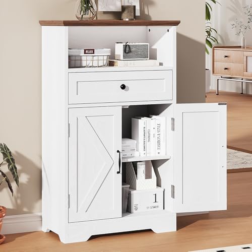 Floor Cabinet, Farmhouse Storage Cabinet with Barn Doors and Drawer, Freestanding Adjustable Shelf Organizer for Bathroom, Kitchen, Living Room White - color: White, size: 39.4"H x 23.6"W x 11.8"D