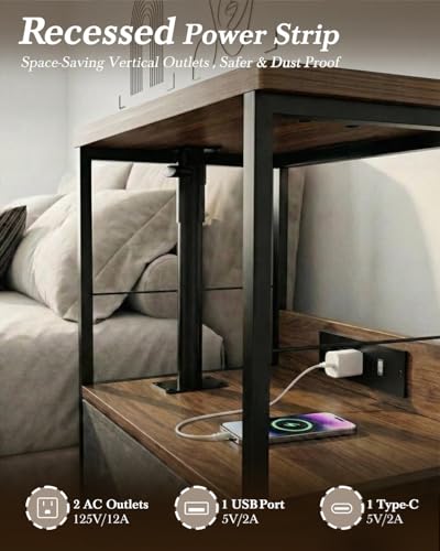 Swivel Lift Top Nightstand with Charging Station, Vacuum Forming Rolling Side Table for Recliner, Bedside Table with Wheels & a Fabric Drawer, for Small Spaces, for Bedroom, Living Room, Walnut Gray - color: Walnut Gray, size: 1 Drawer (Vac-Form)