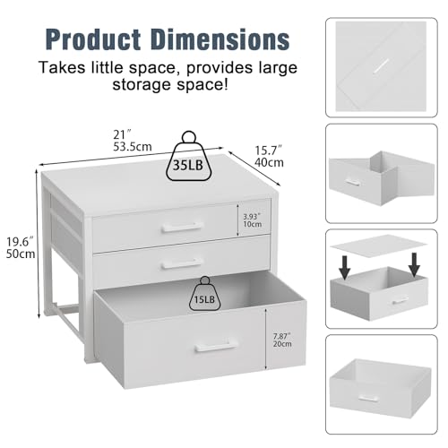 Closet Drawers Set of 2, White Closet Organizer with 3 Fabric Drawers, Stackable Storage Drawers for Closet, Bedroom, Dorm (White)