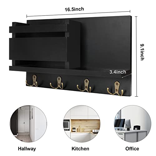 Key and Mail Holder for Wall Decorative - Rustic Mail Organizer Wall Mount, Wooden Letter Sorter Organizer with 4 Key Rack Hooks for Hallway Kitchen Farmhouse Decor (16.5” x 9.1” x 3.4”) (Black) - color: A - Black