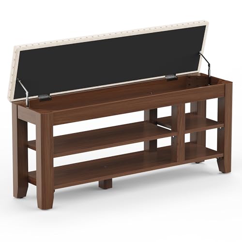Shoe Bench for Entryway, Solid Rubberwood Shoe Bench with Hidden Storage, Adjustable 2-Tier Shelves & Soft PU Leather Seat, Shoe Rack Durable Easy Assembly for Hallway or Bedroom - Beige, 47.2" - color: Beige, size: 47.28"W x 11.82"D x 20.47"H