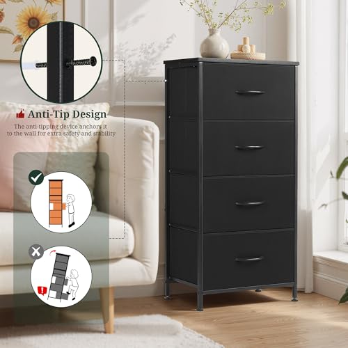 Nightstand Upgraded, 4 Drawer Dresser End Table Bedside Furniture with Wooden Top Steel Frame Fabric Bins for Bedroom, Closet, Entryway, Dorm, Living Room, Soft Black - color: Soft Black, size: 11.8"D x 17.7"W x 37.4"H (4 Drawers)