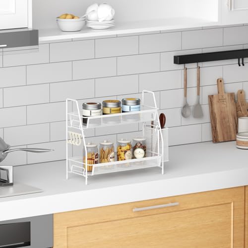 VITVITI 2-Tier Bathroom Organizer Countertop, Metal Wire Mesh Bathroom Counter Organizer Storage with Basket Hooks, Vanity Tray Shelf, Kitchen Spice Rack, White - color: Large White Wire Mesh