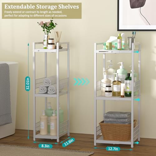 DAOUTIME Expandable Slim Storage Shelf, 3 Tier Metal Shelving Unit for Bathroom Storage Organizer, Free-Standing Narrow Shelf, Open Floor Shelves for Small Spaces,Laundry,Bathroom,Kitchen, White - color: White, size: 3-tier