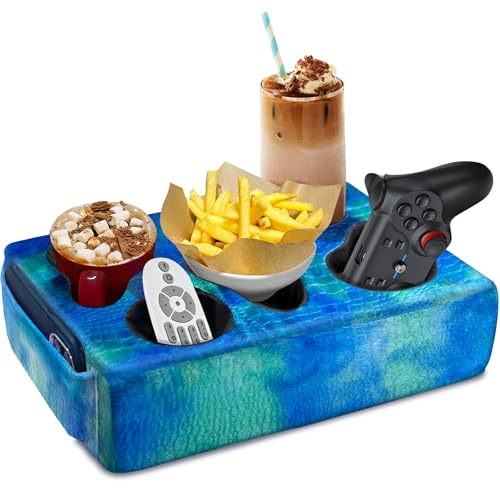 Couch Cup Holder Pillow, 5 Hole Couch Drink Holder! Keep Drinks Hand Side and Keep Temp, Prevent Spills and Use Anywhere. Cup Holder for Couch, Bed, Camping, RV, Car, Beach. Blue - color: Blue