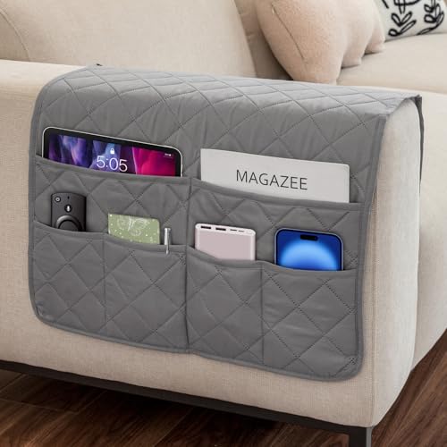 Remote Control Holder for Recliner Non-Slip Armchair Caddy Couch Armrest Organizer, Arm Chair Bedside Caddy Storage Organizer for Recliner Couch With 6 Pockets for Magazine, Tablet, Phone, iPad (Grey) - color: Grey