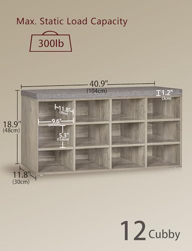 DINZI LVJ Shoe Bench, 12 Cubbies Shoe Organizer for Entryway, Storage Bench with Cushion, Cubby Shoe Rack with Adjustable Shelves for Living Room, Bedroom, Mudroom, Hallway, Gray Wash - color: Gray Wash, size: 12 Cubby