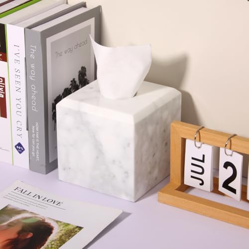 Natural Marble Square Tissue Box Cover ,Stone Modern Decorative Sturdy Napkin Box Holder Case,Facial Paper Organizer for Bathroom Vanity Toilet Countertop,Kitchen (1, Carrara White, 5.71*5.71*5.51) - color: Carrara White