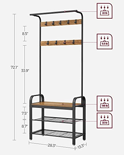VASAGLE Coat Rack, Hall Tree with Shoe Bench for Entryway, Entryway Bench with Coat Rack, 4-in-1, with 9 Removable Hooks, a Hanging Rod, 13.3 x 28.3 x 72.1 Inches, Rustic Walnut and Black UHSR040B41 - color: Rustic Walnut + Black, size: 28.3"W