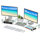 Simple Trending Dual Monitor Stand Riser, Computer Office Desktop Organizer for 2 Monitors with Tempered Glass, Adjustable Length and Angle Stand for Laptop,Printer,TV - size: 41.5 x 9.5 x 5 inches