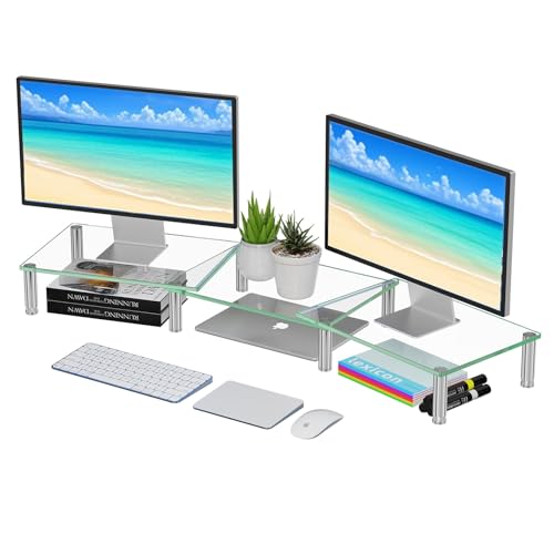 Simple Trending Dual Monitor Stand Riser, Computer Office Desktop Organizer for 2 Monitors with Tempered Glass, Adjustable Length and Angle Stand for Laptop,Printer,TV - size: 41.5 x 9.5 x 5 inches