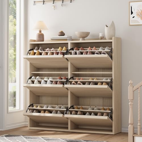 GarveeHome Shoe Cabinet with 6 Flip Drawers, Wooden Shoe Organizer Cabinet with Adjustable Shelf, Shoe Storage for Entryway, Hidden Shoe Cabinet for Hallway, Living Room, Natural Oak - color: Natural Oak, size: 6-Drawers