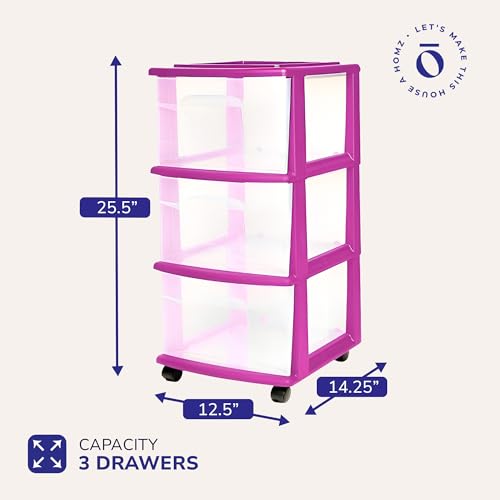 HOMZ Drawer Tower, 3-Tier Clear Plastic Storage Organizer Cart, Purple Frame - Rolling Drawer Containers with Wheels for Bathroom, Bedroom, Office, and Classroom Organization - color: Purple, size: 1 Pack