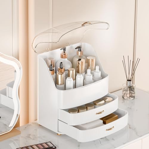 Makeup Organizer Countertop Vanity with Transparent Lid Drawers Waterproof Dustproof Cosmetic Skincare Bathroom Storage Gift for Women Teens Girls (Whtie) - color: Whtie