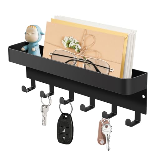 RELBRO Magnetic Key Holder for Fridge, Metal Wall Mount Key Rack with Shelf, 6 Hooks, 2 Installation Options, Black - color: Black