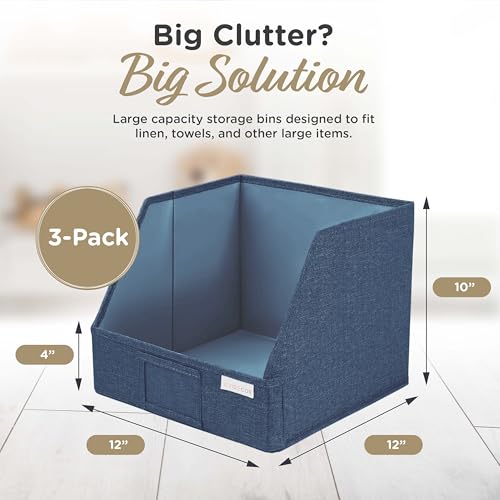 VIVIDECOR Open Front Trapezoid Storage Bins 12x12x10 – Easy Access Closet Shelf Organizer for Clothes, Towels, Fabric Baskets – Navy Blue, 3 Pack - color: Navy Blue