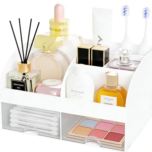 Makeup Organizer with 2 Drawers, Cosmetic Storage for Dresser Vanity and Bathroom Countertop,Make up organization and Skincare Storage with Beauty Brush Holder, Cosmetic Display Case (White) - color: White
