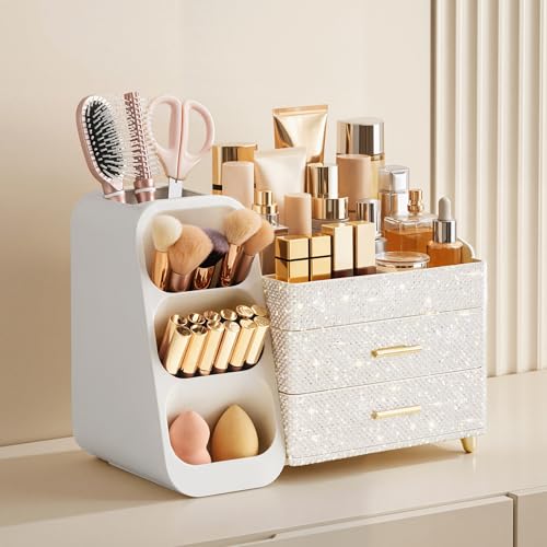 HBlife Makeup Organizer with Brush Holder for Vanity, Large Plastic Bathroom Countertop Organizer Skin Care Storage, Easy to Store Nail Polishes, Perfumes, Eyeshadow Palettes, Pearl All White - color: Pearl All White, size: Large