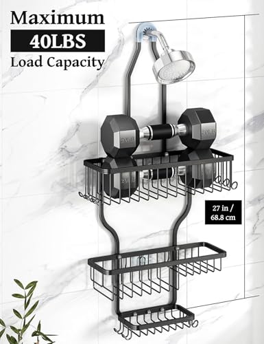 YASONIC Never-Rust Aluminum Hanging Shower Caddy – Over-the-Showerhead Organizer with 10 Hooks for Razor and Sponge – Includes Soap Basket – Black - color: Black