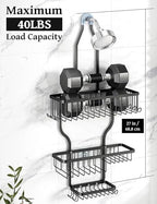 YASONIC Never-Rust Aluminum Hanging Shower Caddy – Over-the-Showerhead Organizer with 10 Hooks for Razor and Sponge – Includes Soap Basket – Black - color: Black