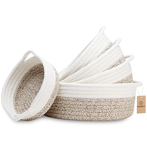 NaturalCozy 5-Piece Round Small Woven Baskets Set– Cotton Rope Baskets for Organizing! Montessori Toys, Fruits Remotes Key Tray Bowl for Entryway Desk, Shallow Catchall Home Décor, Cat Dog Bin Gift - color: Off White & Mixed Brown