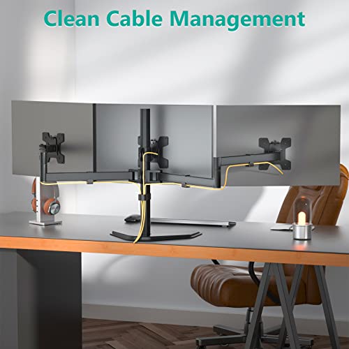 WALI Triple Monitor Stand, Free Standing Three LCD Monitor Fully Adjustable Desk Mount Fits 3 Screens up to 27 inch, 22 lbs Weight Capacity per Arm (MF003), Black - size: Triple, style: Free-Standing