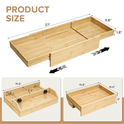 High Capacity Bedside Shelf, Bunk Bed Side Table, Loft Nightstand Organizer Tray, Loft Bed Shelf with Scalable Tray for Dorm Room, Clip On Nightstand with Cord Holder - Natural Bamboo