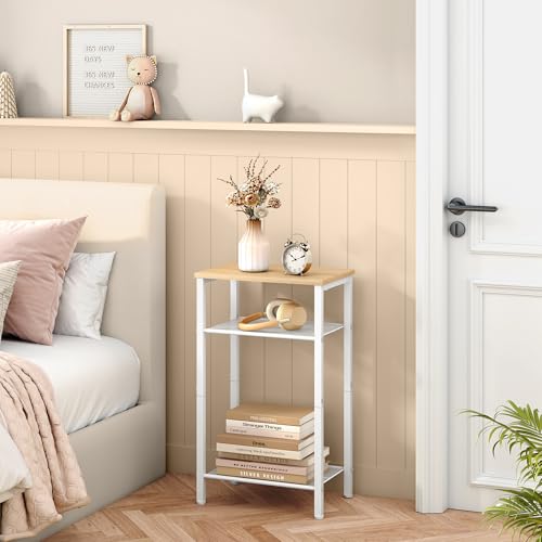 Hoctieon 3 Tier End Table, Telephone Table, Narrow Side Table with Storage, Nightstand for Small Spaces, Metal Frame, for Living Room, Bedroom, Sofa Couch, Hall, Easy Assembly, White and Yellow Oak - color: White+yellow Oak, size: 1 Pack