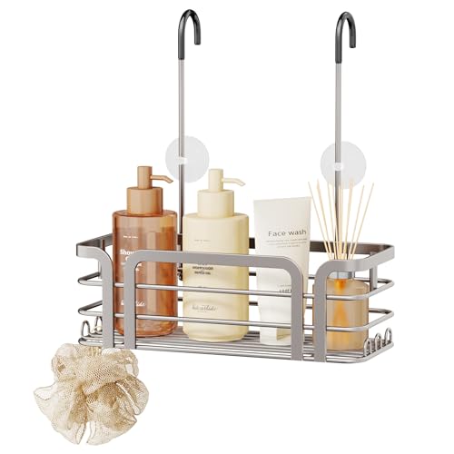 SWTYMIKI Shower Caddy Hanging Organizer - Over the Door Shower Caddy with 6 Hooks, 2 Installation Ways, Stainless Steel Rustproof Bathroom Organizer, Sand Nickel - color: Sand Nickel-1 tier