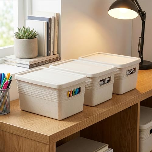 BINO | Plastic Storage Bins with Lids, 5 Liter - 3 Pack, Natural | THE BRAIDED COLLECTION | Plastic Bins for Organization Woven Storage Baskets for Organizing Pantry Shelf Organizer Basket Bin - color: Natural, size: 5L | 3-Pack