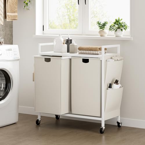 WOWLIVE Double Laundry Hamper with Lid,Rolling Laundry Basket Organizer with Wheels, Iron-Made Laundry Sorter with Top Shelf and 2 Removable Bags,Large Clothes Storage for Room,White - color: White, size: 110L (30.0 x 13 x 32 Inches)