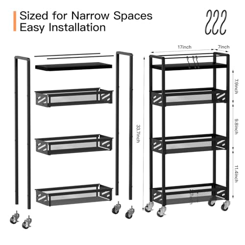 DGSNADGO Slim Rolling Storage Cart, 4-Tier Kitchen Cart on Wheels, Narrow Utility Cart with Handle and Wooden Tabletop for Small Space in Kitchen, Living Room, Bathroom, Laundry Room, Beige (Black) - color: Black