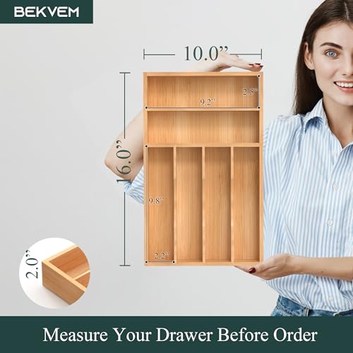 Silverware Organizer, Bamboo Kitchen Drawer Organizer, Utensil Holder, Cutlery Tray & Spoon Flatware Storage with Grooved Drawer Dividers (10''W x 16''D) - color: Natural, size: 10''W x 16''D