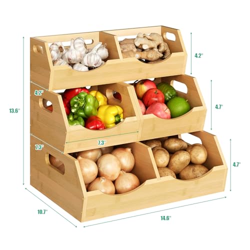 Onion Storage Bins Potato, 3 Tier Bamboo Pantry Storage Bin Stackable Ventilated Kitchen Organizer for Pantry, Countertop, Bathroom, Space-Saving, Easy Access Handle Natural Brown - color: Natural Brown